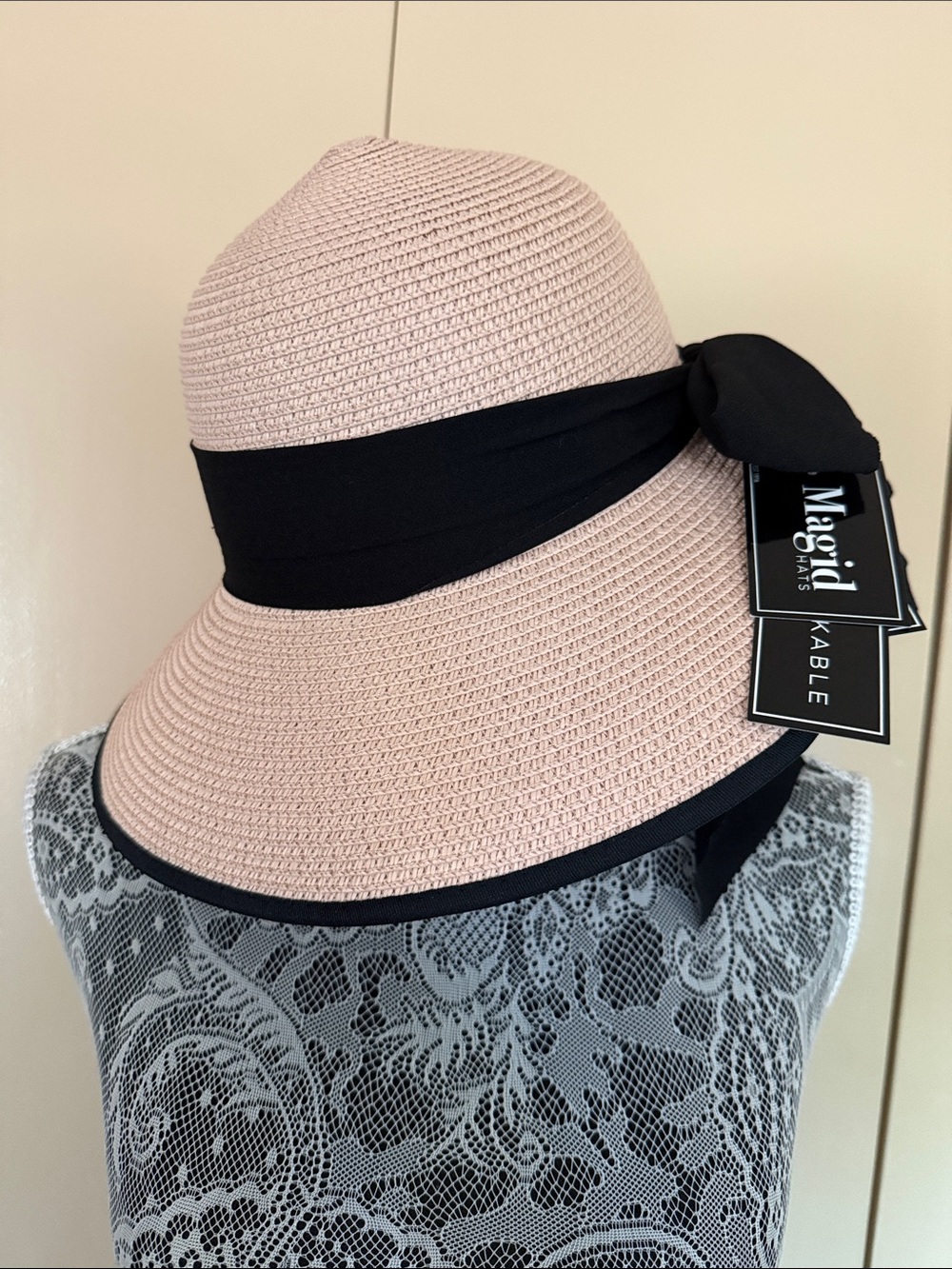 Magid Blush Pink Straw Cloche with Black Band